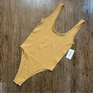 Flirtitude Honey Beige Ribbed Scoop Neck Tank Bodysuit XS